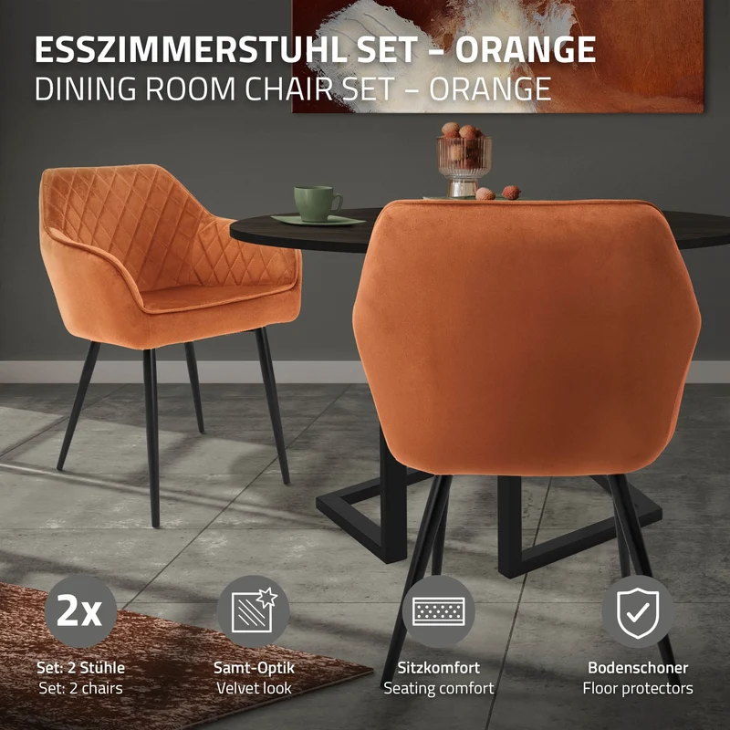 Esszimmerstühle mit Rücken- & Armlehne 2er Set Orange Samtbezug mit Metallbeinen ML-Design