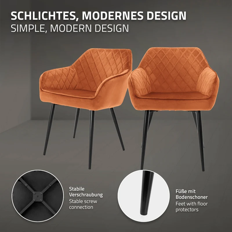 Esszimmerstühle mit Rücken- & Armlehne 2er Set Orange Samtbezug mit Metallbeinen ML-Design