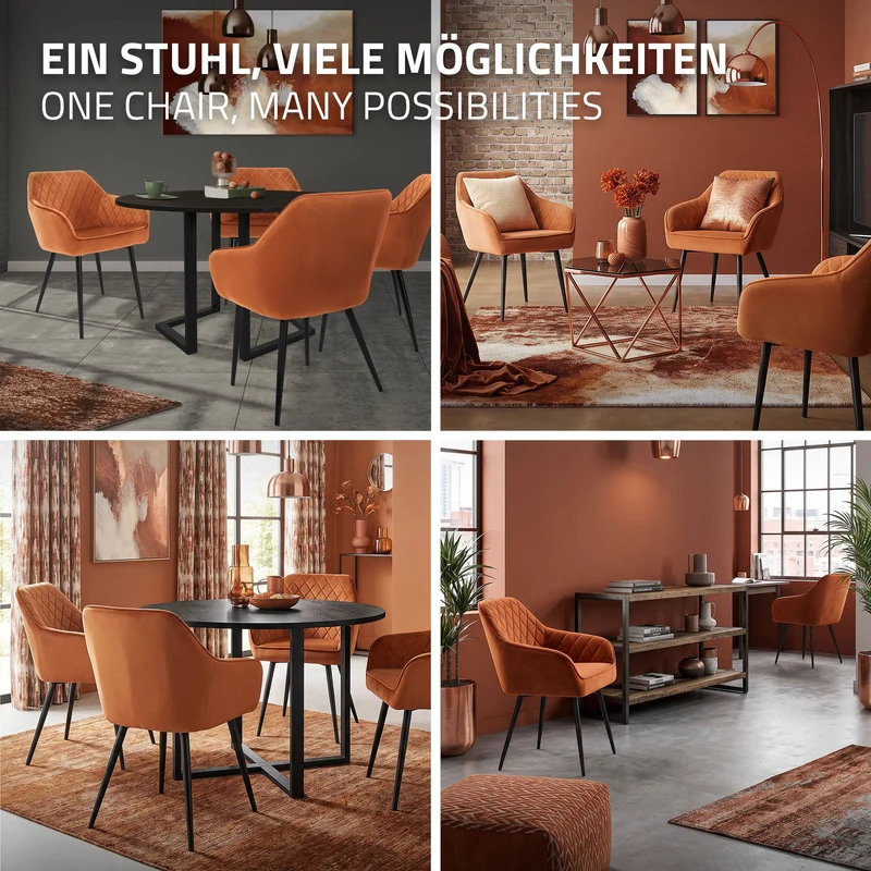 Esszimmerstühle mit Rücken- & Armlehne 2er Set Orange Samtbezug mit Metallbeinen ML-Design