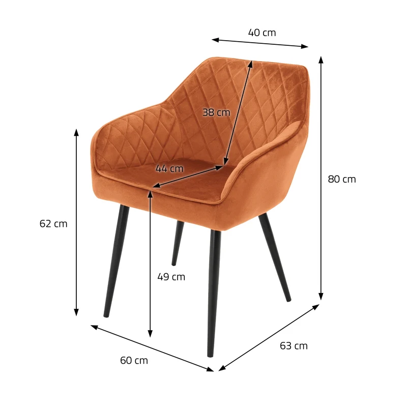 Esszimmerstühle mit Rücken- & Armlehne 2er Set Orange Samtbezug mit Metallbeinen ML-Design