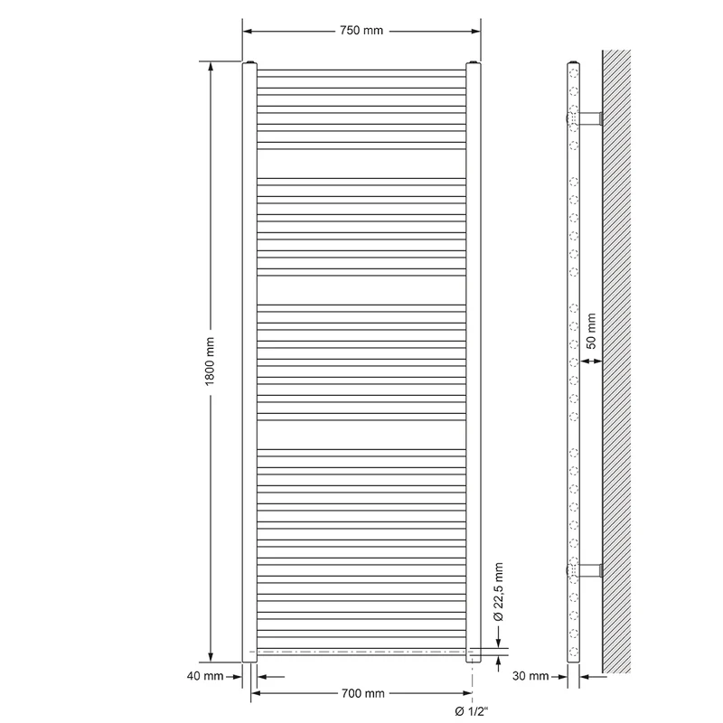 Elektrischer Badheizkörper mit Heizstab 1200W 750x1800 mm Schwarz matt gerade mit Seitenanschluss & Thermostat Touchbedienung LuxeBath