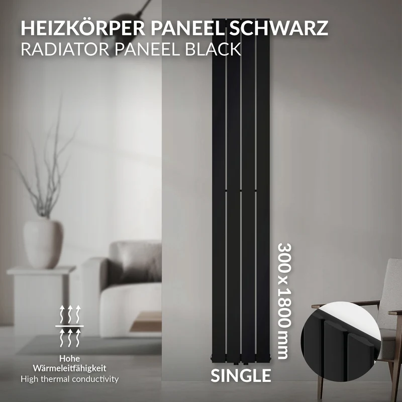 Paneelheizkörper Einlagig 1800x300 mm Schwarz matt mit Mittelanschluss LuxeBath