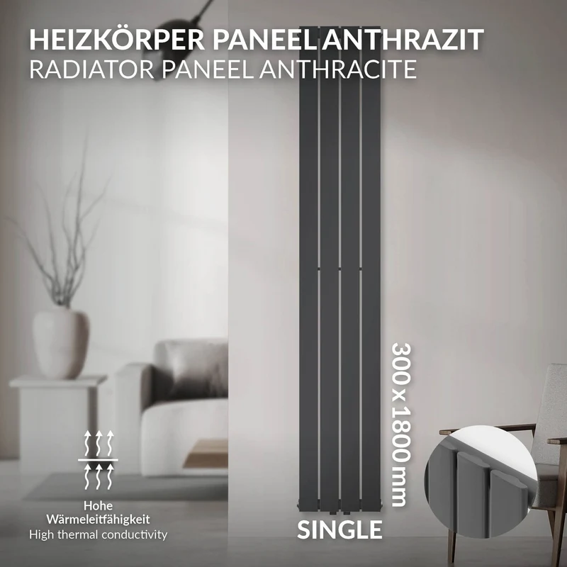 Badheizkörper Einlagig Vertikal 1800x300 mm Anthrazit mit Mittelanschluss LuxeBath