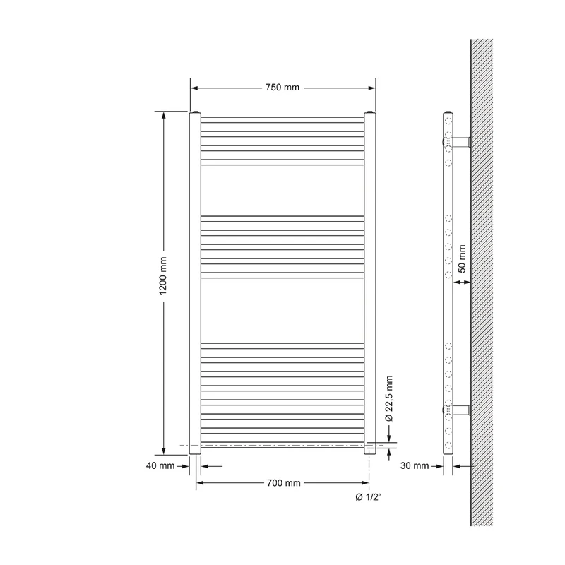 Elektrischer Badheizkörper mit Heizstab 1200W 750x1200 mm Schwarz matt gebogen Seitenanschluss & Thermostat Digitalanzeige LuxeBath