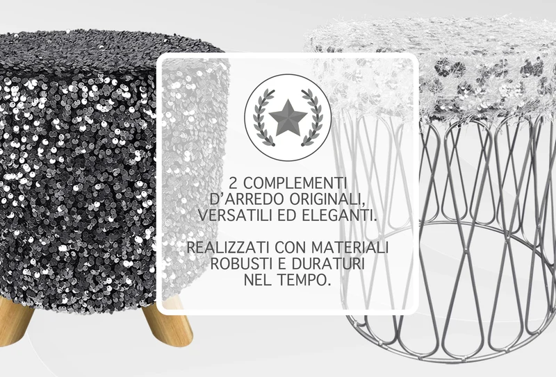 Set 2 Pezzi Coppia Di Pouf Rotondo Poggiapiedi Camera Con Paillettes In Velluto