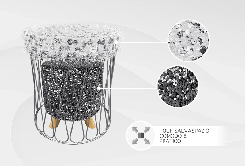 Set 2 Pezzi Coppia Di Pouf Rotondo Poggiapiedi Camera Con Paillettes In Velluto