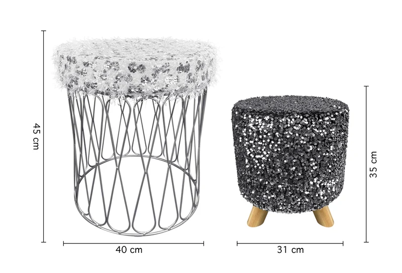 Set 2 Pezzi Coppia Di Pouf Rotondo Poggiapiedi Camera Con Paillettes In Velluto