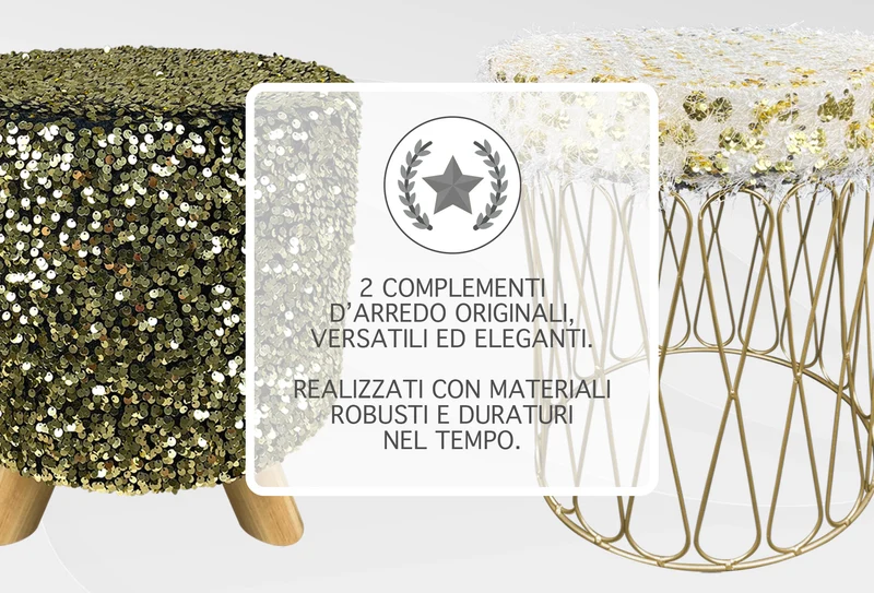 Set 2 Pezzi Coppia Di Pouf Rotondo Poggiapiedi Camera Con Paillettes In Velluto