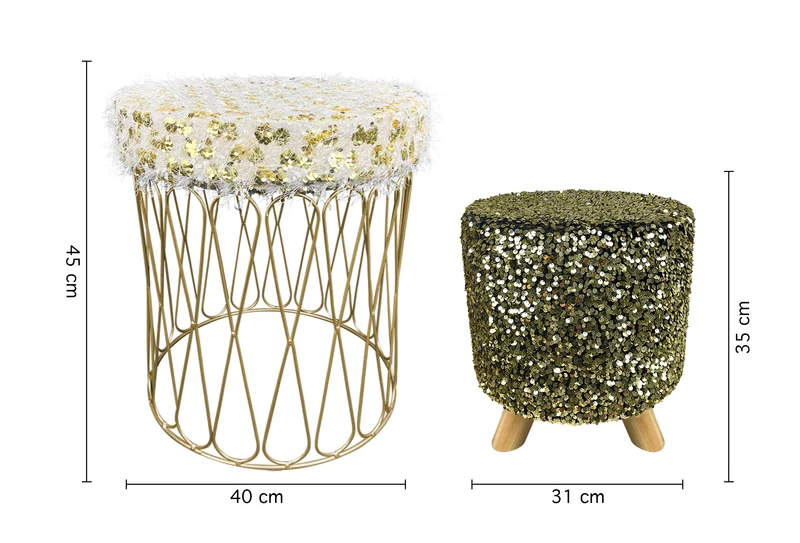 Set 2 Pezzi Coppia Di Pouf Rotondo Poggiapiedi Camera Con Paillettes In Velluto
