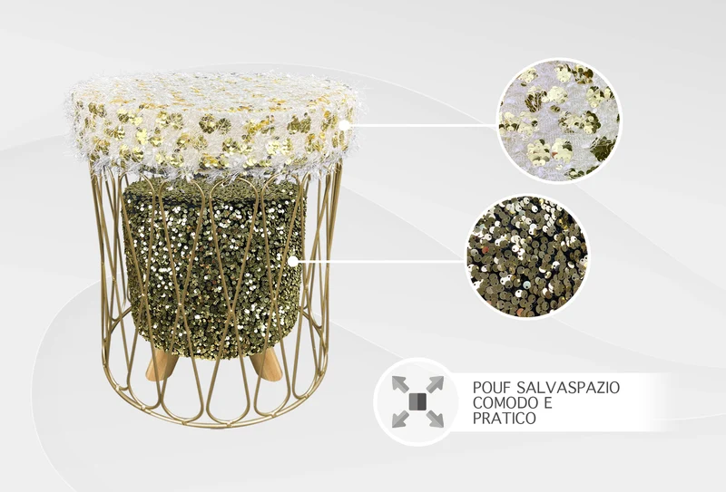 Set 2 Pezzi Coppia Di Pouf Rotondo Poggiapiedi Camera Con Paillettes In Velluto