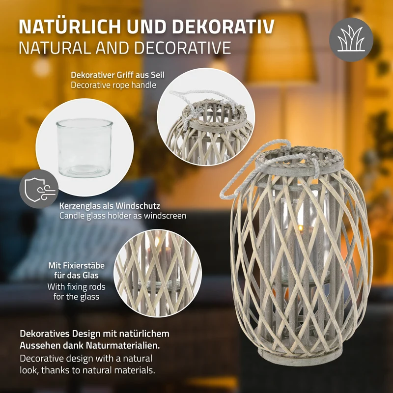 ECD Germany | Riedlaterne mit Henkel aus umweltfreundlichem RattanFlechtoptik, Windlicht, Kerzenhalter mit Glaseinsatz