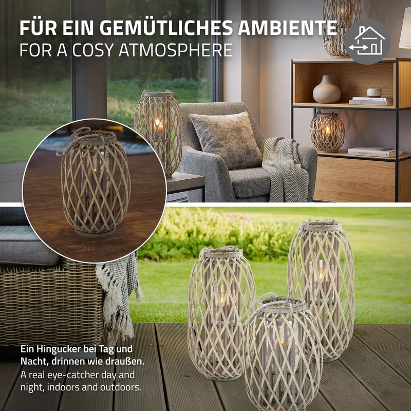 ECD Germany | Riedlaterne mit Henkel aus umweltfreundlichem RattanFlechtoptik, Windlicht, Kerzenhalter mit Glaseinsatz