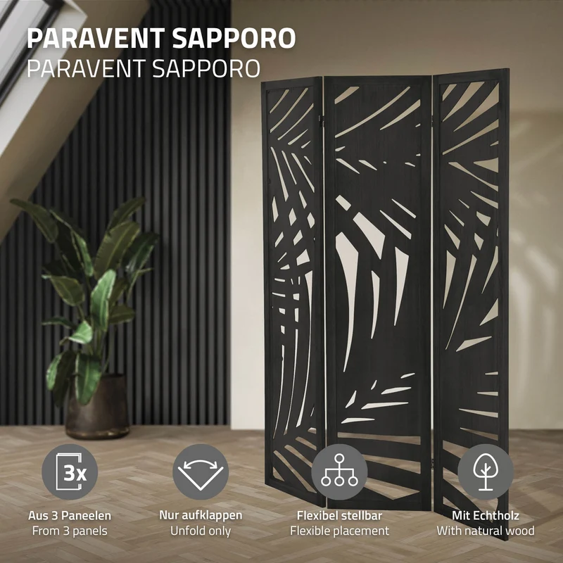 Paravent 3 teilig 170x121 cm Raumteiler faltbar aus Holz Sapporo ML-Design
