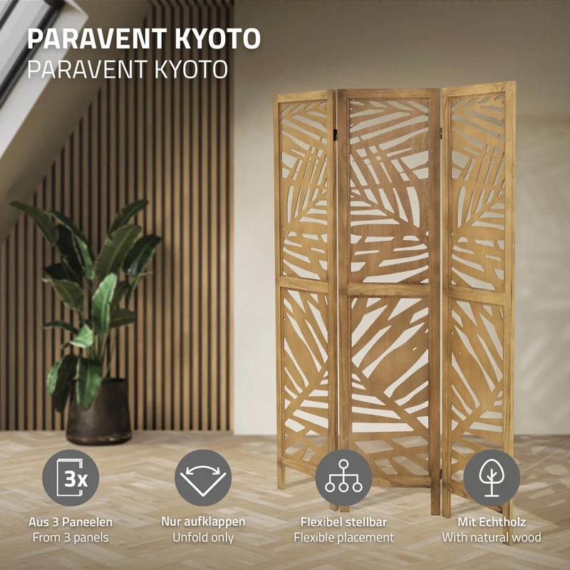 Paravent 3 teilig 170x121 cm Raumteiler faltbar aus Holz Kyoto ML-Design