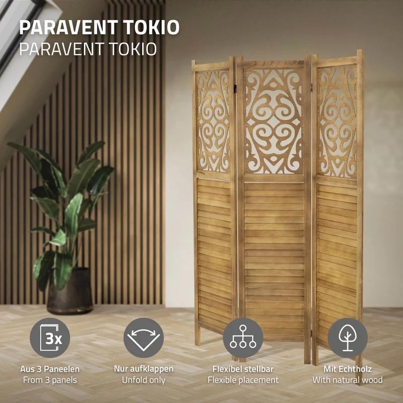 Paravent 3 teilig 170x121 cm Raumteiler faltbar aus Holz Tokio ML-Design