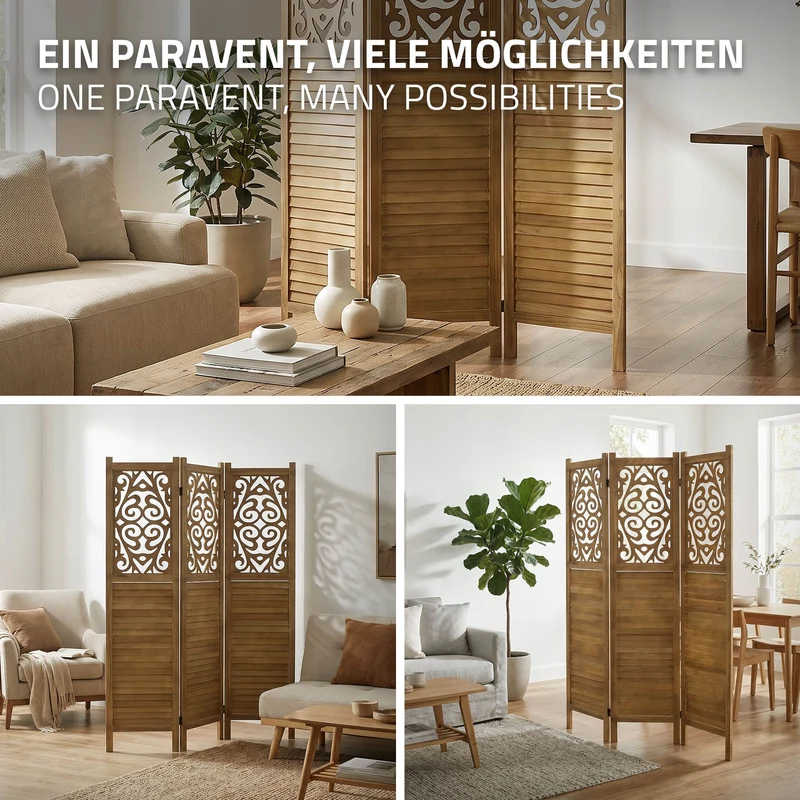 Paravent 3 teilig 170x121 cm Raumteiler faltbar aus Holz Tokio ML-Design