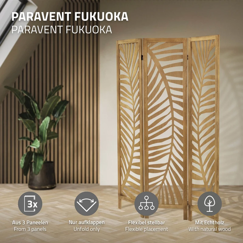 Paravent 3 teilig 170x121 cm Raumteiler faltbar aus Holz Fukuoka ML-Design