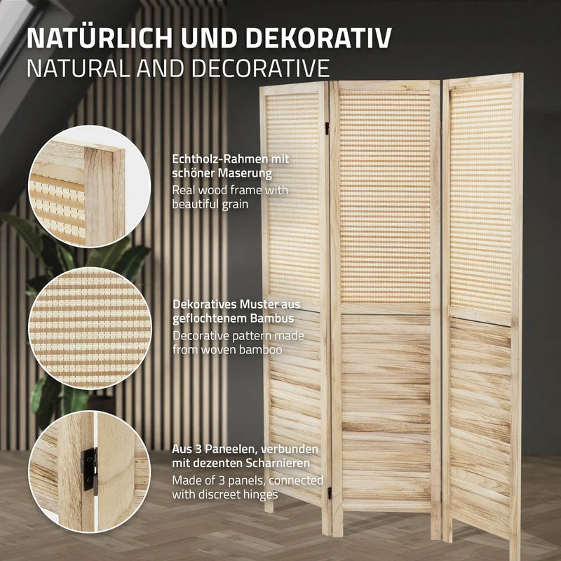 Paravent 3 teilig 170x121 cm Raumteiler faltbar aus Holz Osaka ML-Design