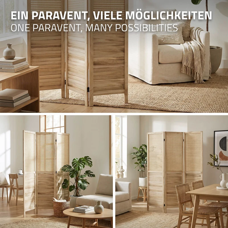 Paravent 3 teilig 170x121 cm Raumteiler faltbar aus Holz Osaka ML-Design