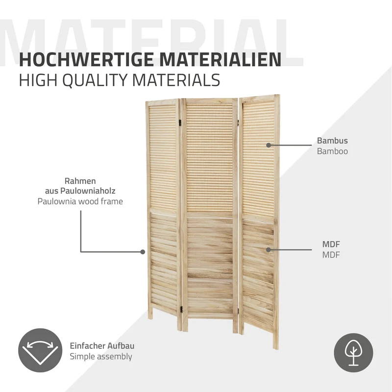 Paravent 3 teilig 170x121 cm Raumteiler faltbar aus Holz Osaka ML-Design