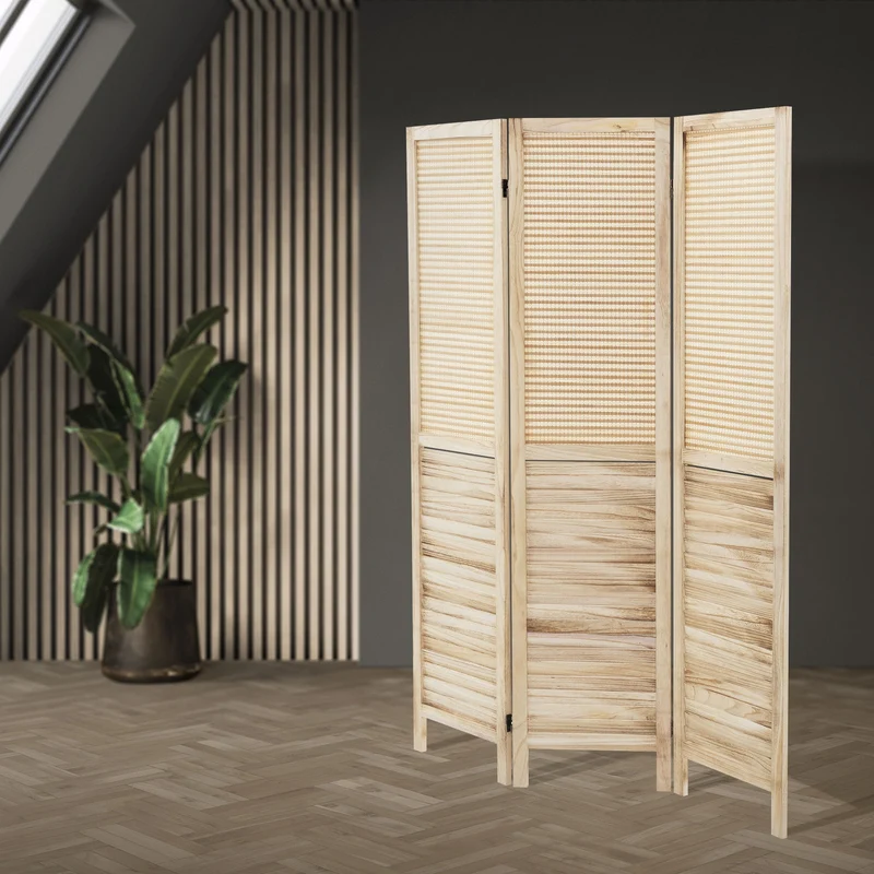 Paravent 3 teilig 170x121 cm Raumteiler faltbar aus Holz Osaka ML-Design