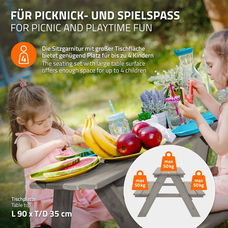 ML-Design | Kindersitzgarnitur für 4 Kinder aus Massivholz ab 2 Jahren Spielsitzgruppe draußen Picknicktisch