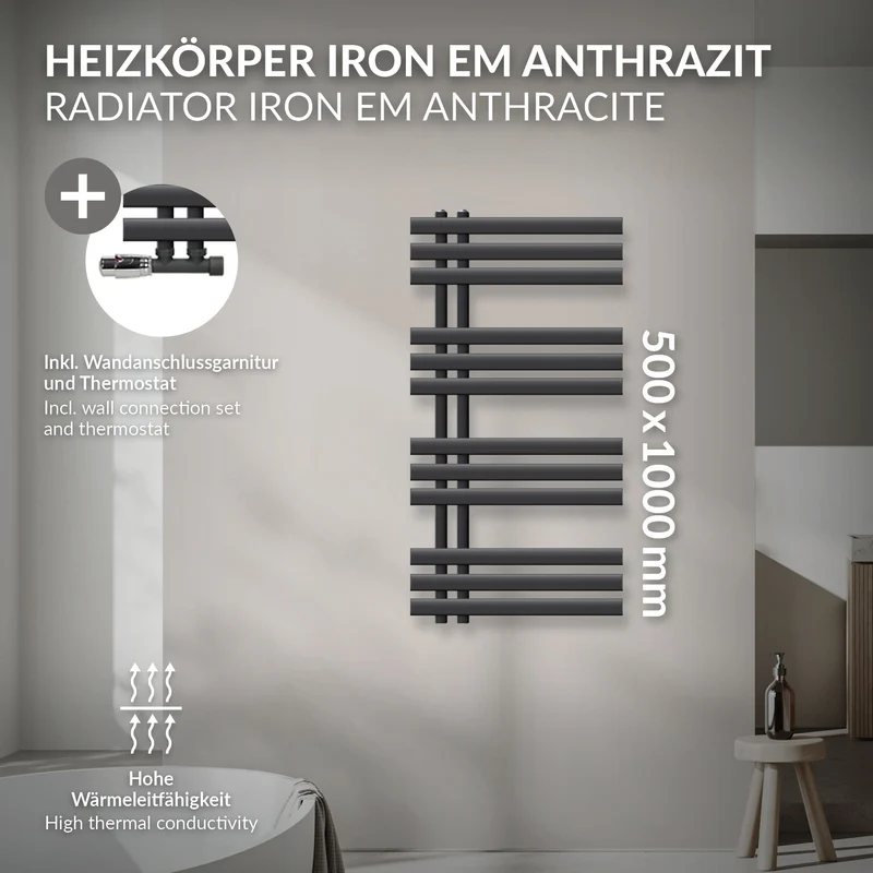 LuxeBath | Design Badheizkörper Iron EM Seitenanschluss mit Anschlussgarnitur und Thermostat Eck Wand, inkl. Montage-Set