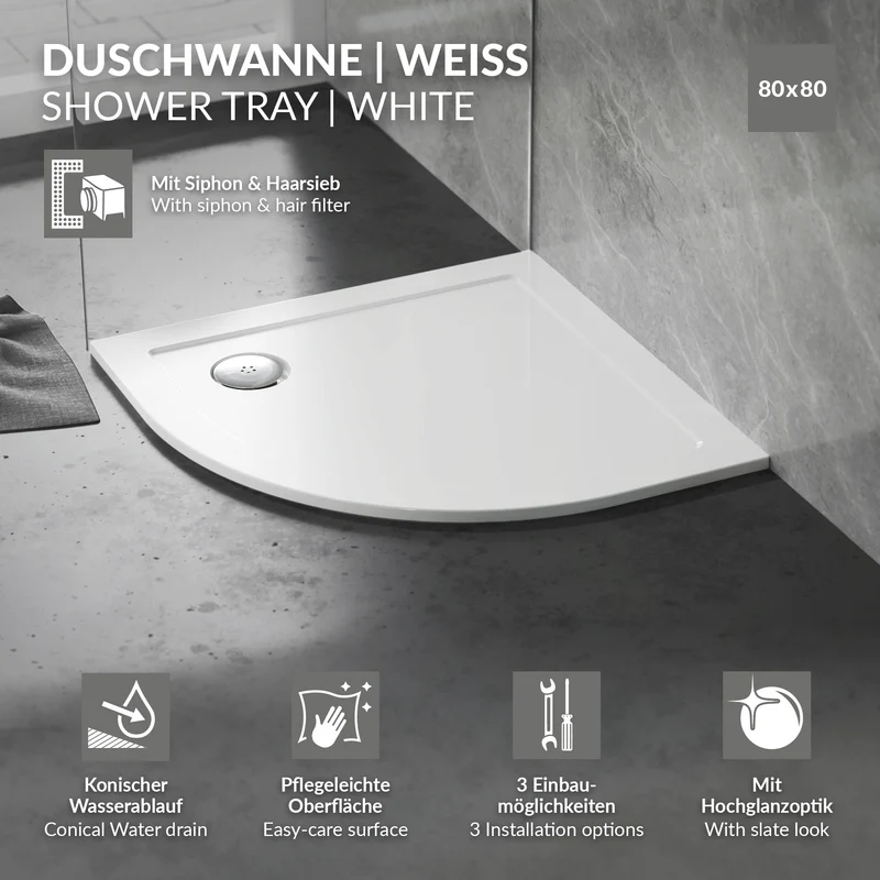LuxeBath | Duschwanne mit Ablaufgarnitur aus SMC Weiß Duschtasse Brausewanne Komplett Set mit Siphon für Duschkabine
