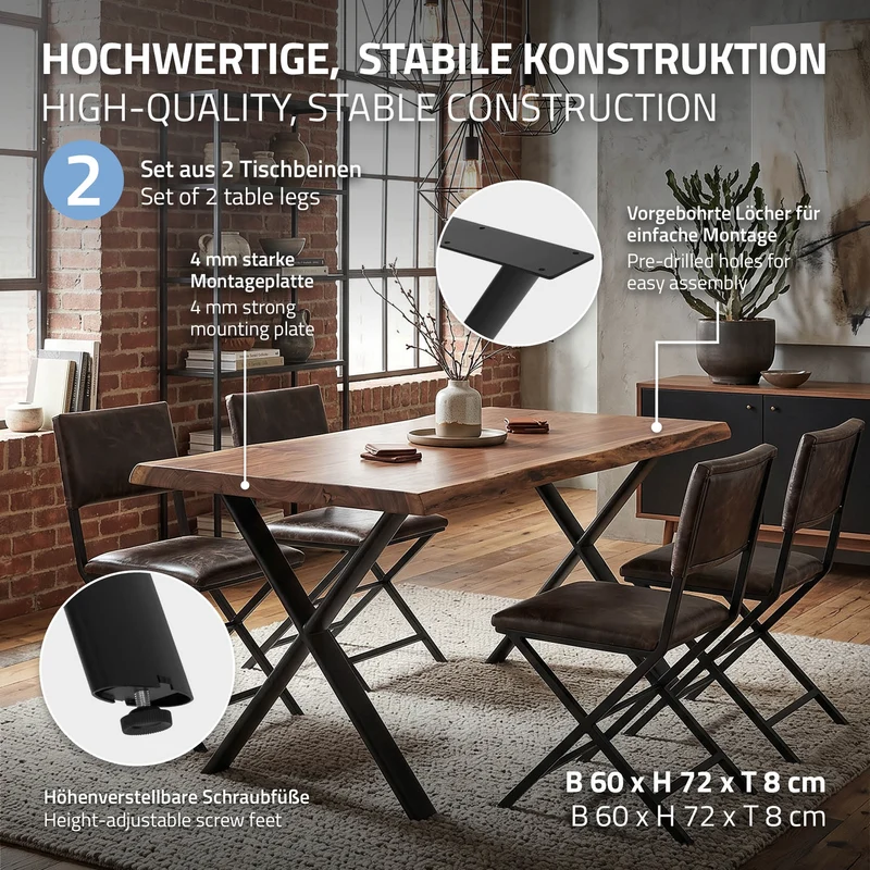 ML-DESIGN | Tischbeine 2er Set X-Form 60x72 cm aus Stahl Schwarz Tischgestell Tischfüße Tischkufen für Esstisch & Schreibtisch