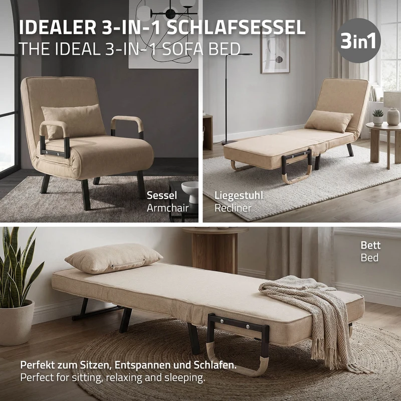 ML-DESIGN | Schlafsessel mit Bettfunktion 186x60 cm aus Stahl/Chenille Sessel mit Schlaffunktion klappbar Bettsessel Klappsessel Schlafsofa