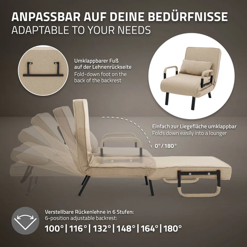 ML-DESIGN | Schlafsessel mit Bettfunktion 186x60 cm aus Stahl/Chenille Sessel mit Schlaffunktion klappbar Bettsessel Klappsessel Schlafsofa