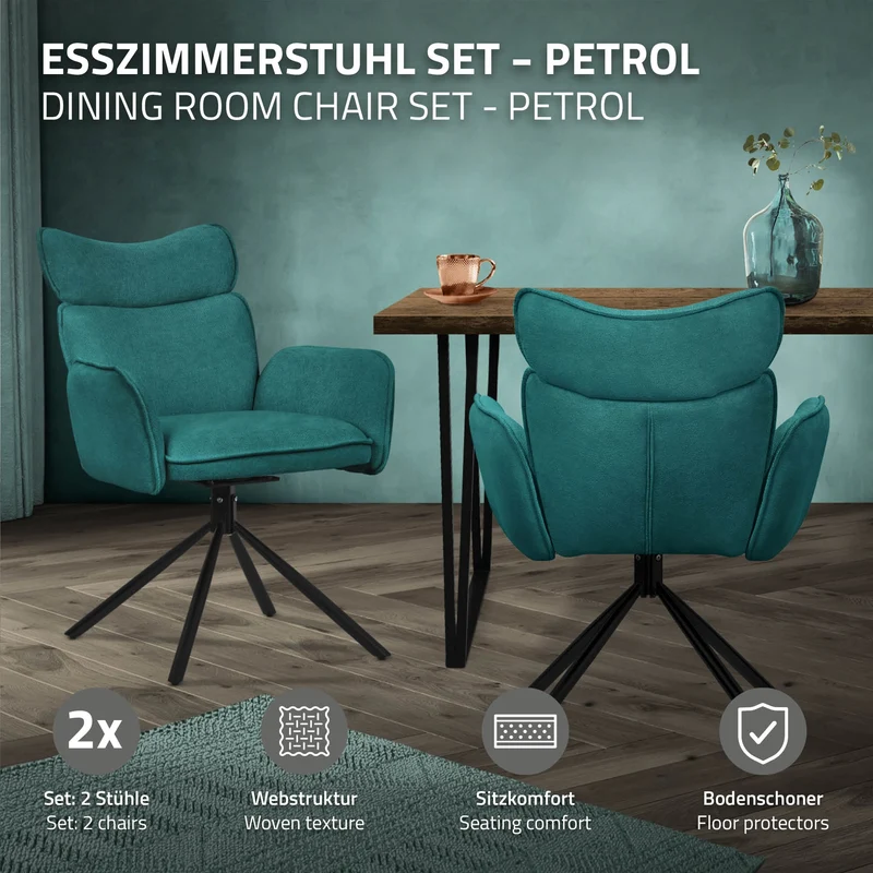 Esszimmerstuhl 2er Set drehbar Petrol mit Rücken- und Armlehne bis 120 kg ML-Design