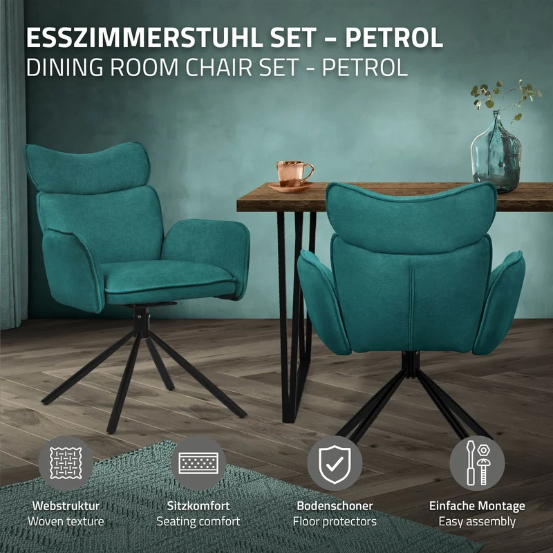 Esszimmerstuhl 4er Set drehbar Petrol mit Rücken- und Armlehne bis 120 kg ML-Design