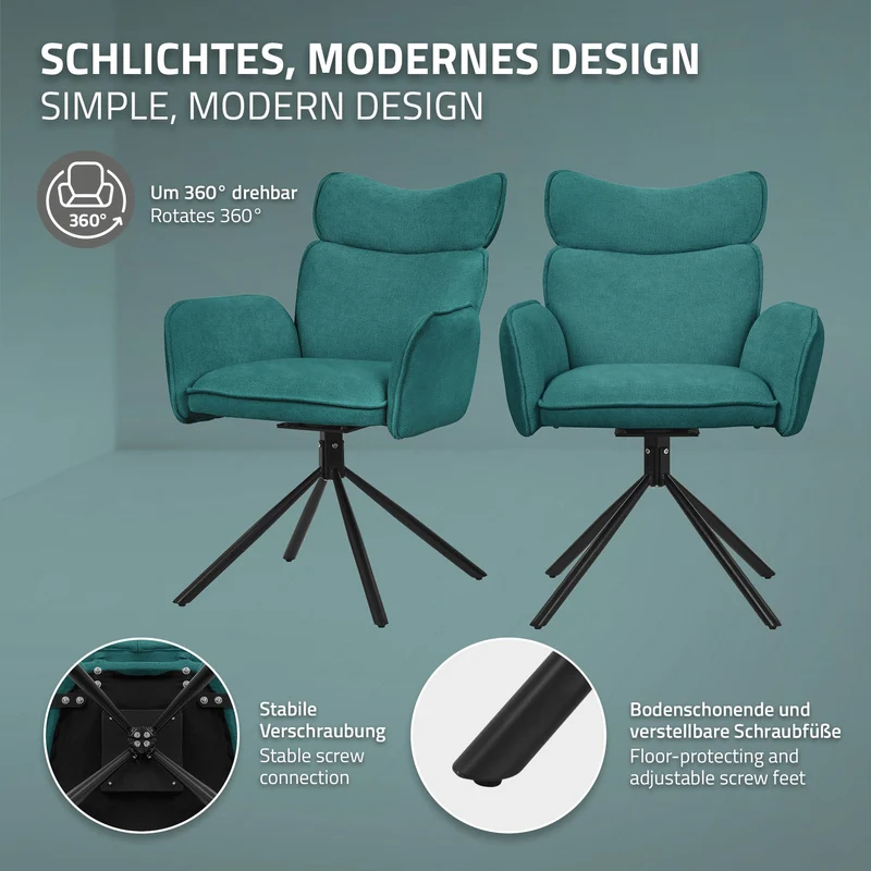 Esszimmerstuhl 4er Set drehbar Petrol mit Rücken- und Armlehne bis 120 kg ML-Design