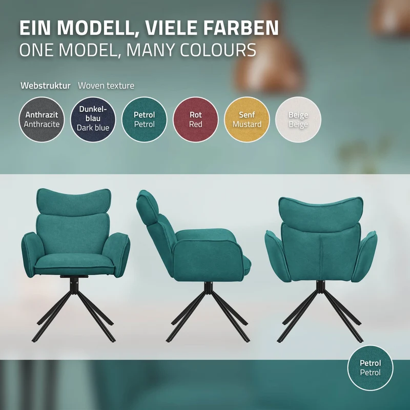 Esszimmerstuhl 6er Set drehbar Petrol mit Rücken- und Armlehne bis 120 kg ML-Design