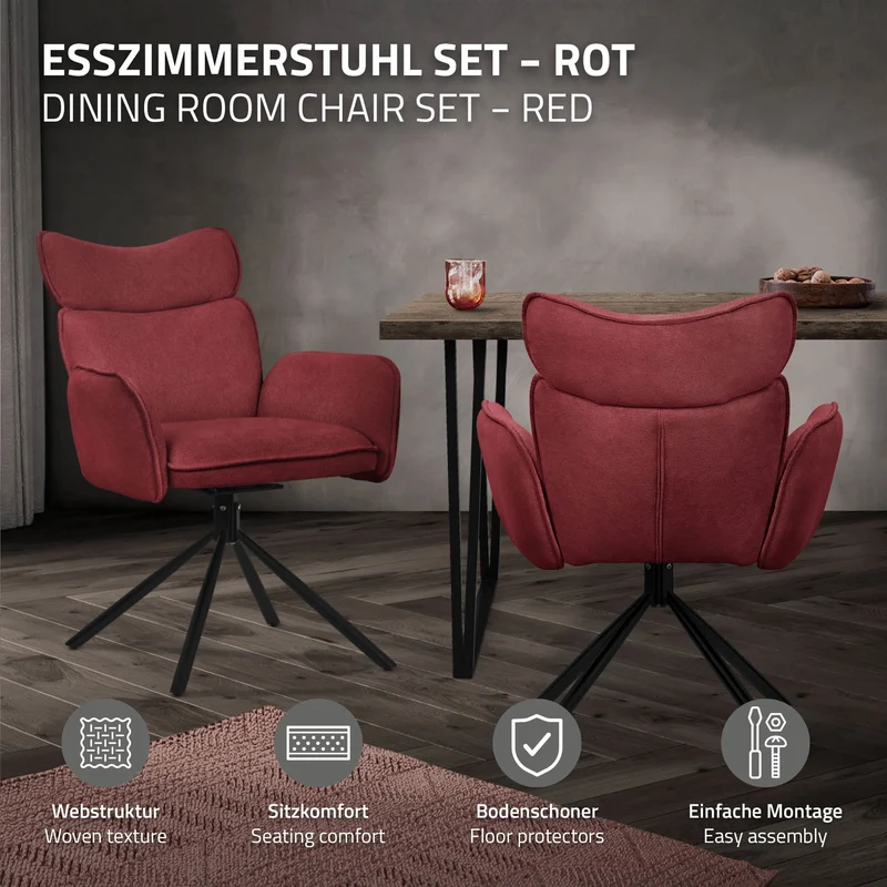 Esszimmerstuhl 4er Set drehbar Rot mit Rücken- und Armlehne bis 120 kg ML-Design