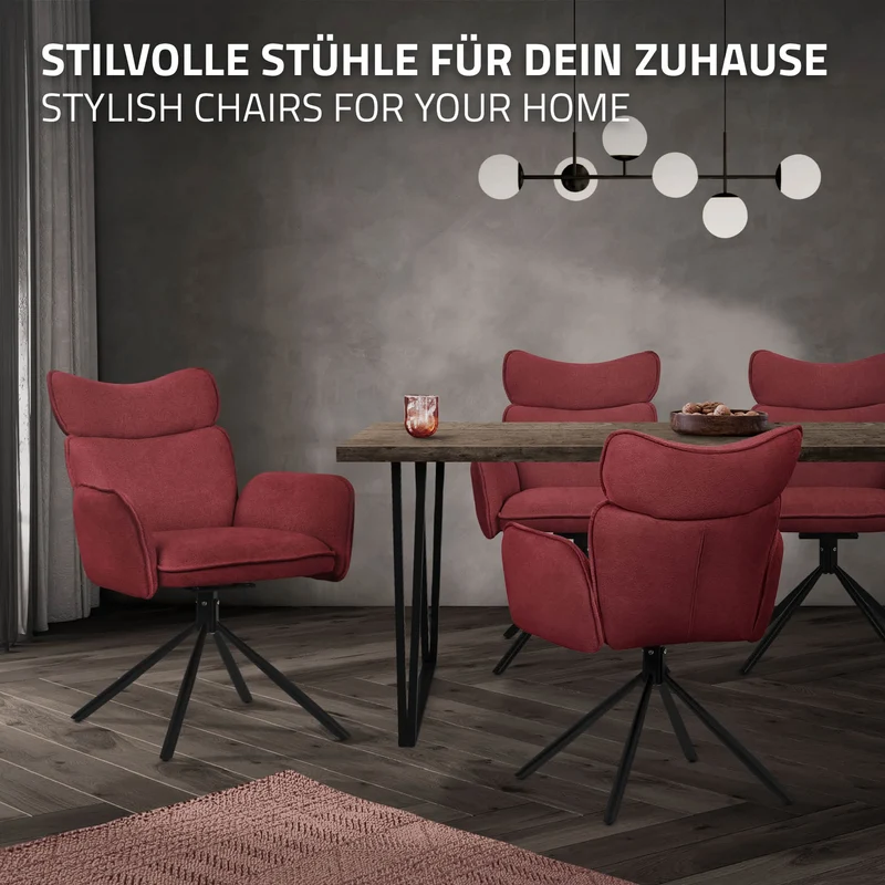 Esszimmerstuhl 4er Set drehbar Rot mit Rücken- und Armlehne bis 120 kg ML-Design