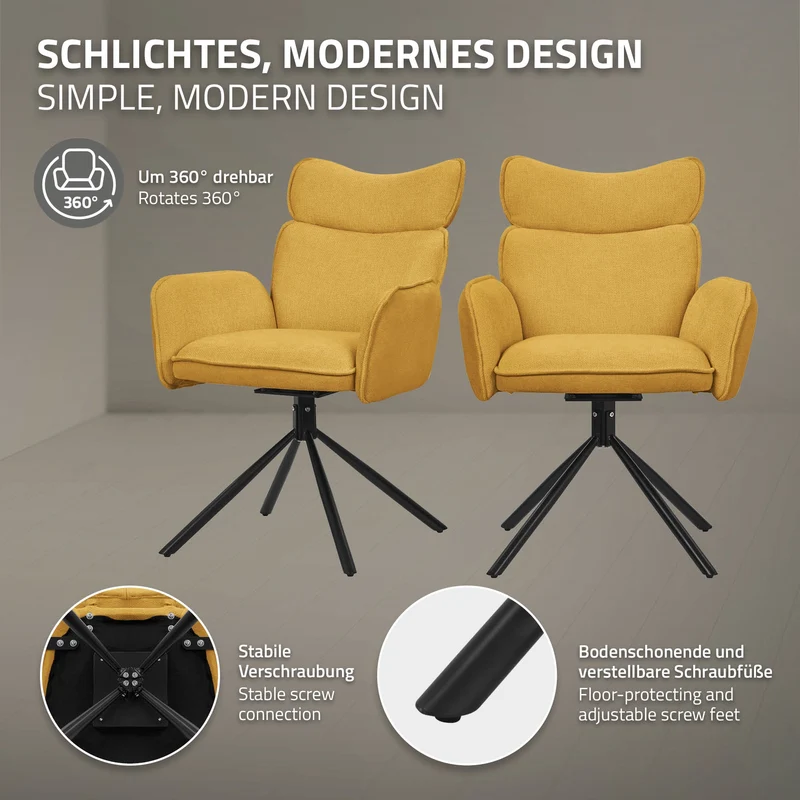 Esszimmerstuhl 4er Set drehbar Senf mit Rücken- und Armlehne bis 120 kg ML-Design