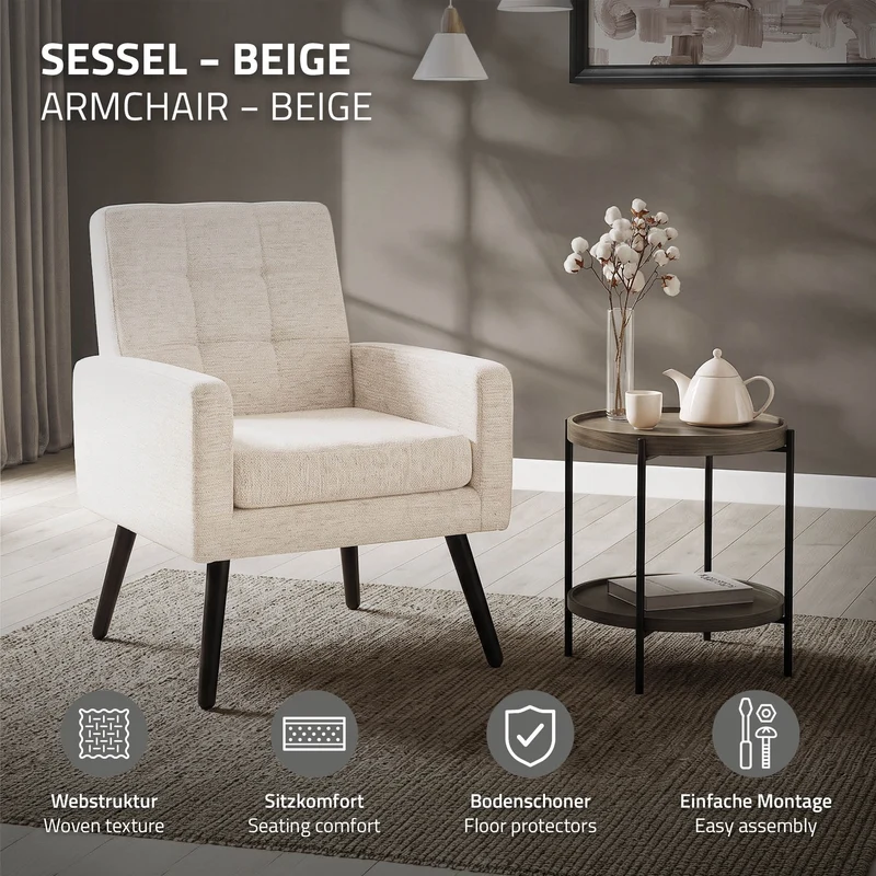 ML-DESIGN | Sessel mit Armlehnen 66,5x80x63,5 cm Stahlgestell/Webstruktur Beige Relaxsessel Lesesessel Polstersessel Fernsehsessel für Wohnzimmer