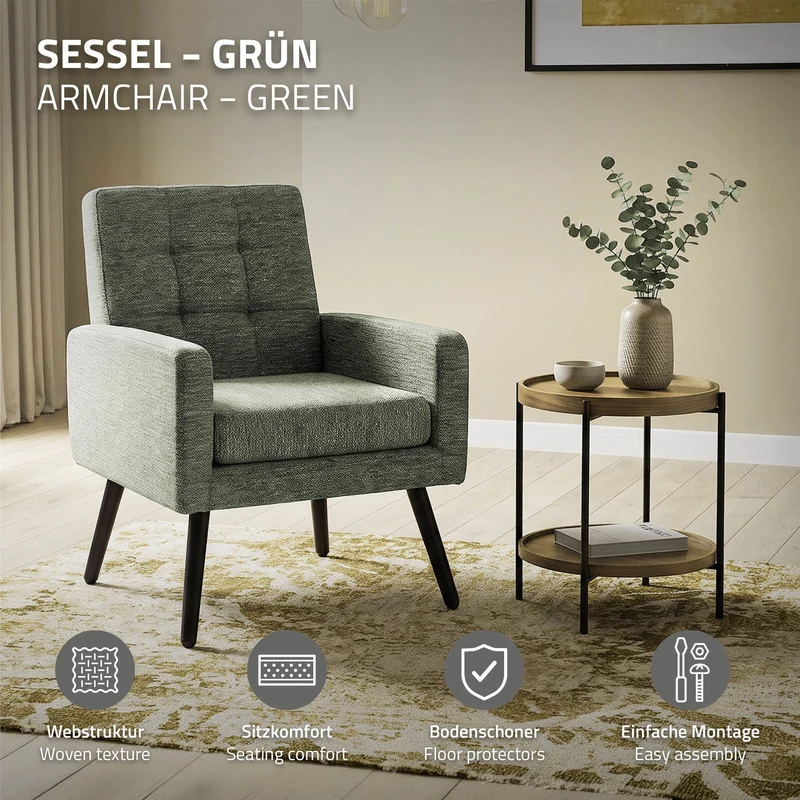 ML-DESIGN | Sessel mit Armlehnen 66,5x80x63,5 cm Stahlgestell/Webstruktur Grün Relaxsessel Lesesessel Polstersessel Fernsehsessel für Wohnzimmer