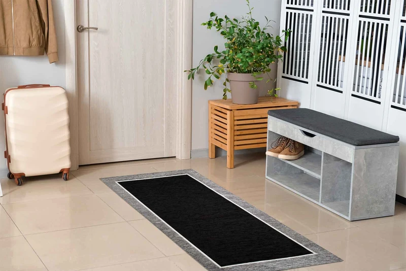 Tappeto Arredo Moderno Antiscivolo in Ciniglia Made in italy Cotone Roma NeroScuro