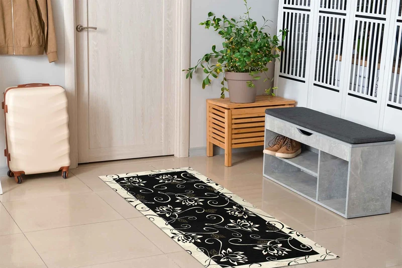 Tappeto Arredo Moderno Antiscivolo in Ciniglia Made in italy Cotone Ninfea Nero