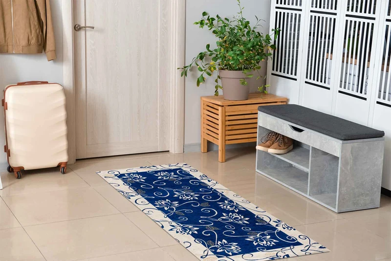 Tappeto Arredo Moderno Antiscivolo in Ciniglia Made in italy Cotone Ninfea BluNotte