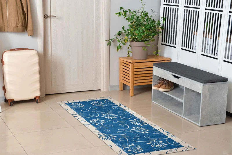 Tappeto Arredo Moderno Antiscivolo in Ciniglia Made in italy Cotone Ninfea Blu