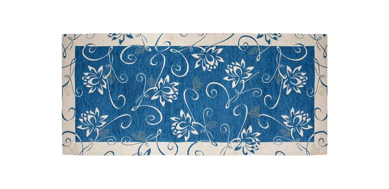 Tappeto Arredo Moderno Antiscivolo in Ciniglia Made in italy Cotone Ninfea Blu
