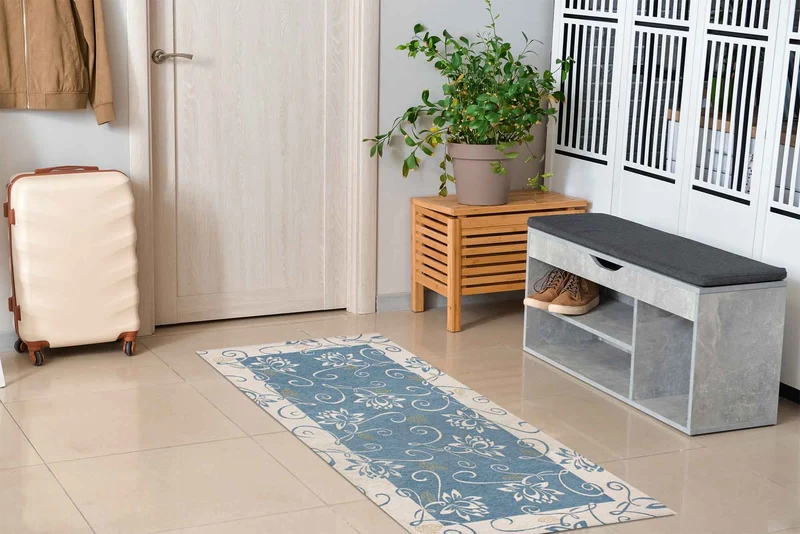 Tappeto Arredo Moderno Antiscivolo in Ciniglia Made in italy Disegni Piazzati Cotone Ninfea Azzurro