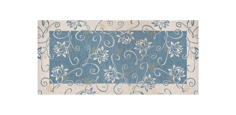 Tappeto Arredo Moderno Antiscivolo in Ciniglia Made in italy Disegni Piazzati Cotone Ninfea Azzurro