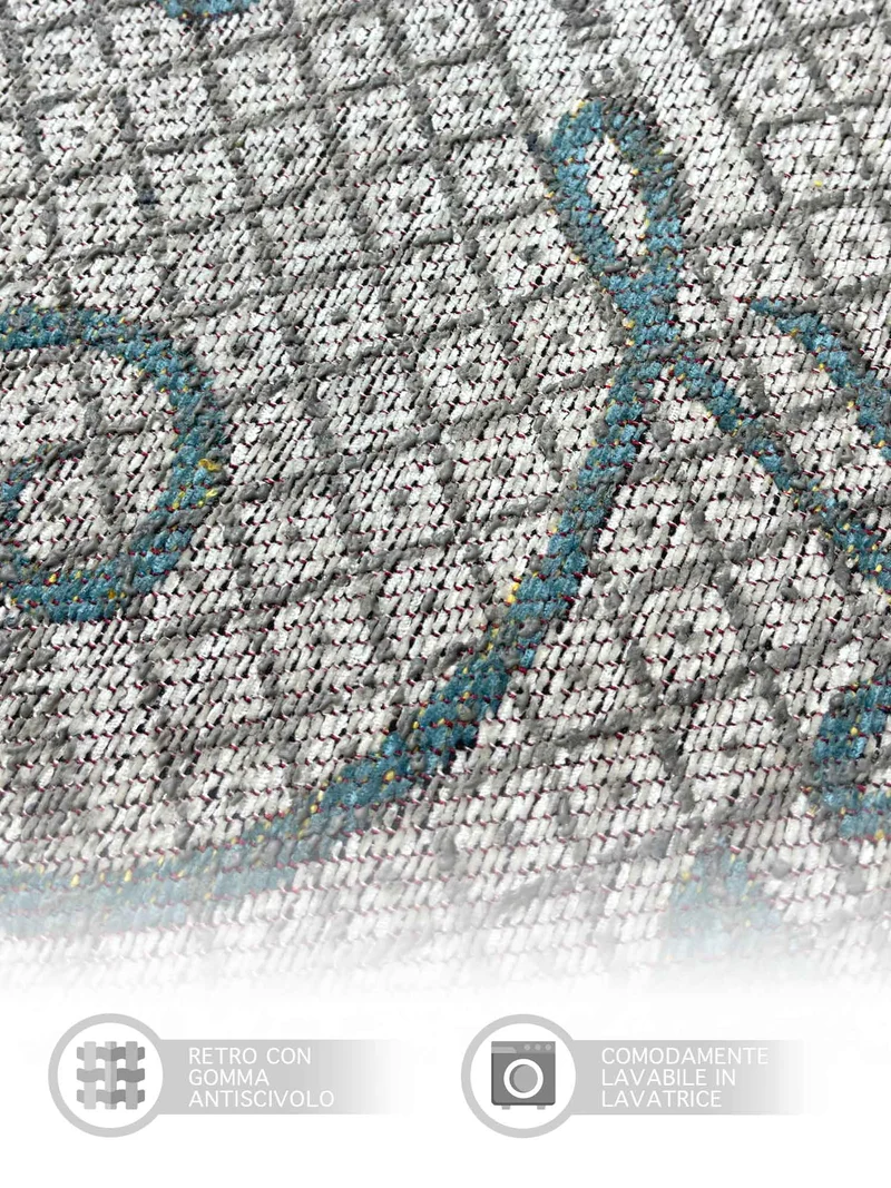 Tappeto Arredo Moderno Antiscivolo in Ciniglia Made in italy Disegni Piazzati Cotone Ninfea Azzurro