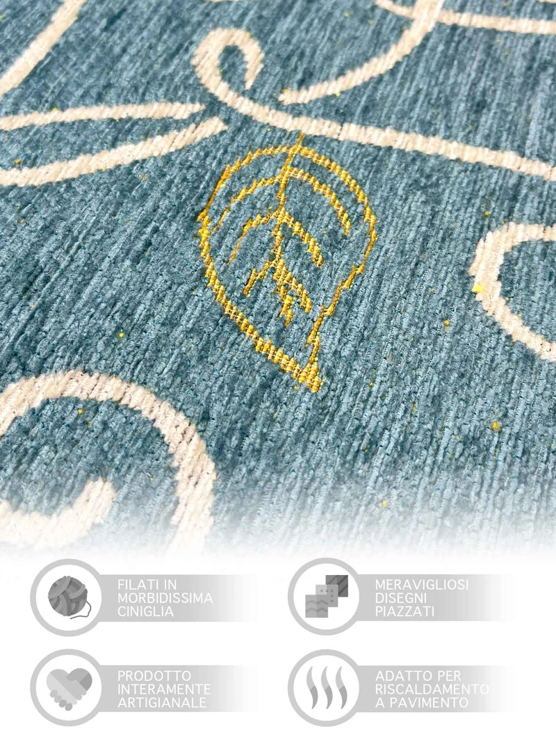 Tappeto Arredo Moderno Antiscivolo in Ciniglia Made in italy Disegni Piazzati Cotone Ninfea Azzurro