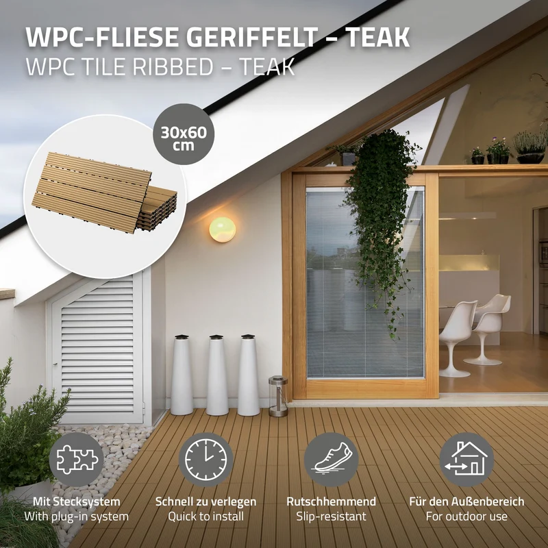 WPC Terrassenfliesen 60x30 cm 18er Set für 3m² Teak in Holzoptik mit Drainage und Klicksystem